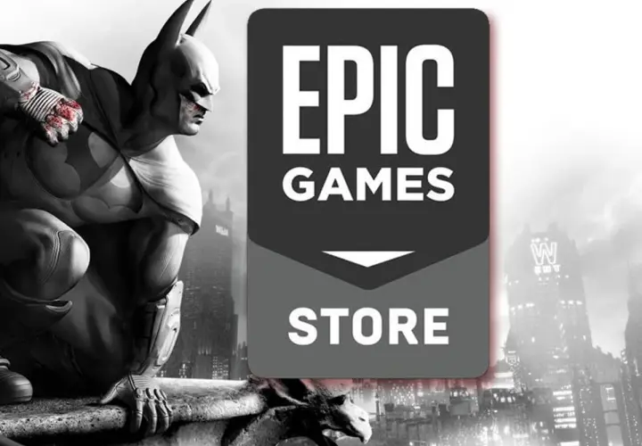 Batman na dachu, obok logo Epic Games Store. Sprawdź, jakie **epic games darmowe gry** czekają na Ciebie!