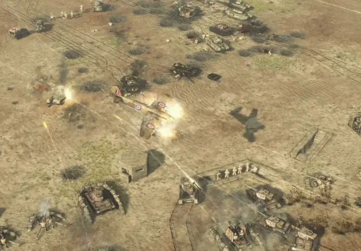 Samolot atakuje czołg na pustyni. W tle widać inne pojazdy i żołnierzy. To intensywny desert strike.