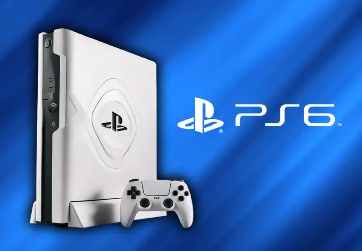 Biała konsola i kontroler PlayStation 6 na niebieskim tle. Marzenie gracza o przyszłości.