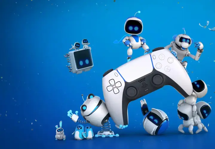 Urocze roboty świętują z kontrolerem PS5, sugerując radość z darmowych gier na PS5.