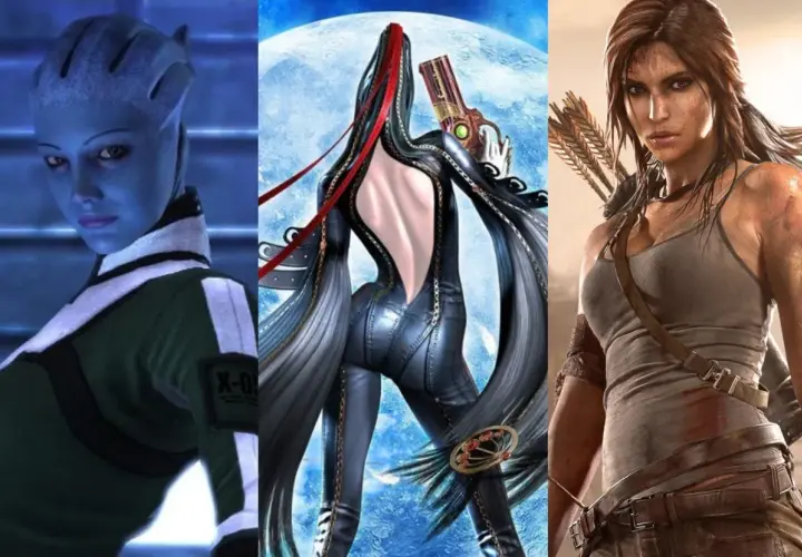 Trzy ikoniczne postacie z gier: niebieskoskóra Liara T'Soni, seksowna Bayonetta z pistoletami i Lara Croft w pełnej gotowości bojowej.