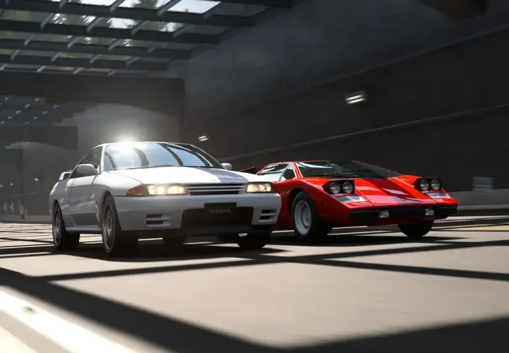 Biały Nissan i czerwony Lamborghini ścigają się w Gran Turismo 8.