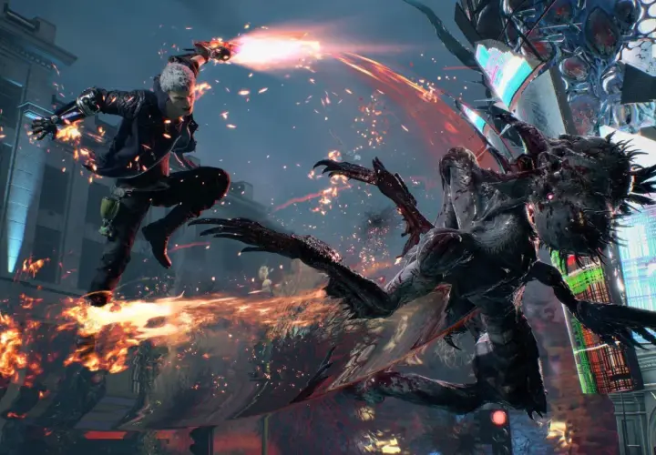Nero w powietrzu, strzelając z ręki, walczy z potworem w mieście. Wygląda jak scena z Devil May Cry 6.