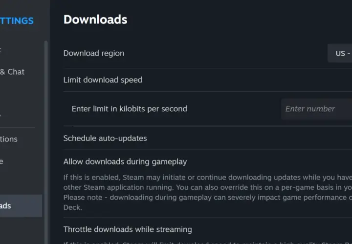 Ustawienia pobierania na Steam. Zmień region pobierania i wyłącz limit prędkości, by przyśpieszyć pobieranie na Steam.