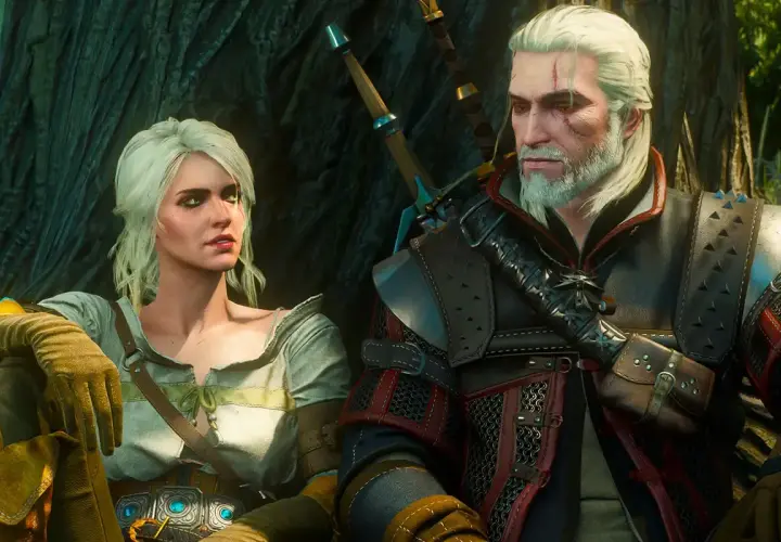 Geralt i Ciri, bohaterowie kultowego rpg, siedzą obok siebie w lesie.