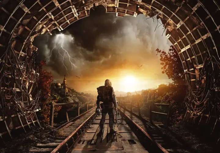 Postapokaliptyczny krajobraz z postacią na torach, burza i wschód słońca. Sprawdź metro exodus wymagania.