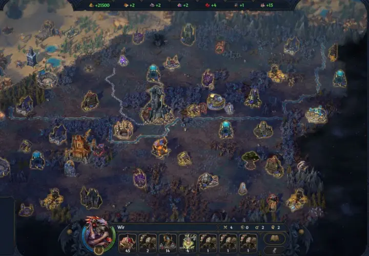 Mapa strategiczna w grze heroes gra, pełna zamków, osad i magicznych budowli. Gracze zarządzają zasobami i armiami.