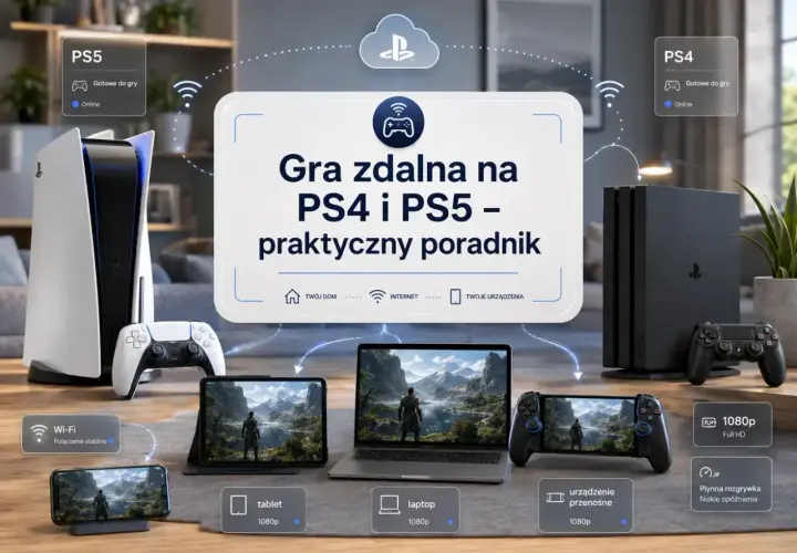 Konsola PS5 i PS4, kontrolery, laptop, tablet i smartfon pokazują możliwości gry zdalnej.