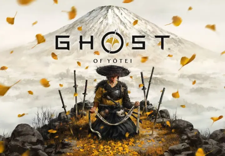 Samuraj w tradycyjnym stroju, otoczony mieczami, na tle gór i spadających liści. Zapowiedź Ghost of Tsushima 2.