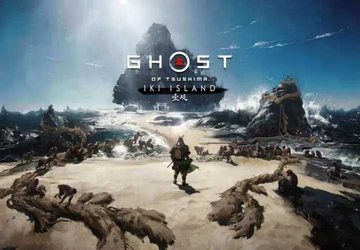 Samuraj w zbroi stoi na plaży, otoczony przez stado małp. W tle widać skaliste wybrzeże i logo gry "Ghost of Tsushima: Iki Island".
