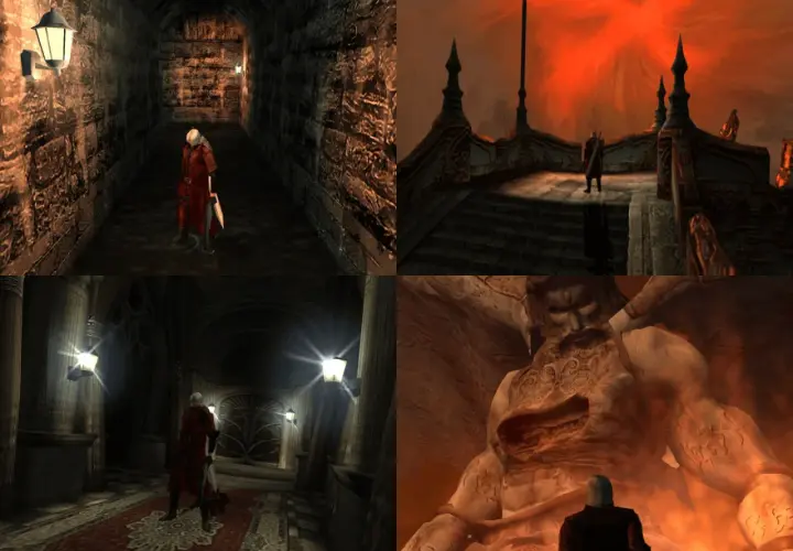 Dante w czerwonym płaszczu przemierza mroczne korytarze i staje przed gigantycznym posągiem w świecie Devil May Cry 1.
