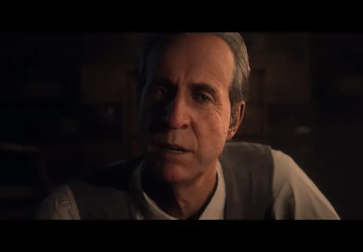 Starszy mężczyzna z siwiejącymi włosami i zmarszczkami na twarzy, w kamizelce i koszuli. Wygląda na zaniepokojonego. Scena z Until Dawn remake.