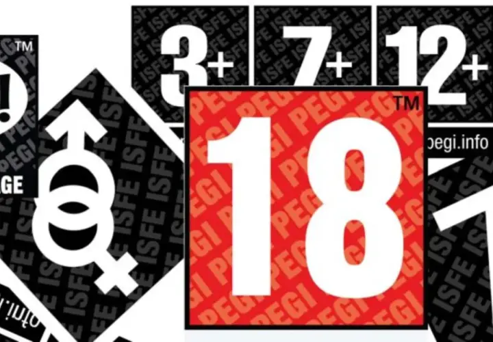 Kolaż z symbolami PEGI: @*! (wulgaryzmy), symbole płci, wiek 3+, 7+, 12+, 16+, 18+.