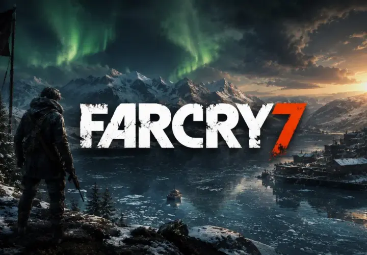 Postać z bronią patrzy na zorzę polarną nad zamarzniętym jeziorem i ośnieżonymi górami. Napis "FAR CRY 7" dominuje w centrum.