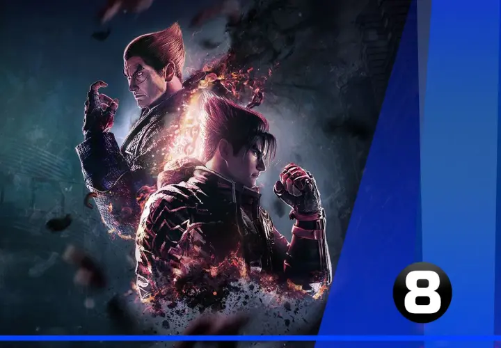 Dwóch wojowników z gry Tekken, Jin Kazama i Kazuya Mishima, otoczonych płomieniami i mroczną energią.