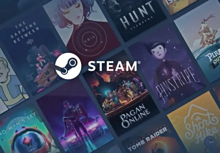 Logo Steam i kolaż okładek gier komputerowych.