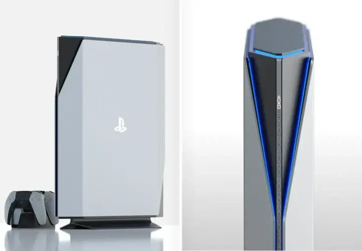 Futurystyczna konsola PlayStation 7 w białej obudowie z niebieskimi akcentami i kontrolerem.