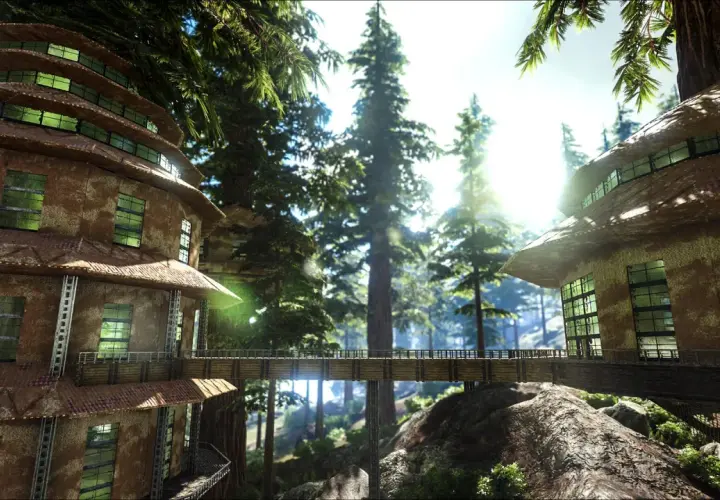 Wysokie, wielopoziomowe budowle w lesie, połączone kładką. Idealne dla graczy spełniających ark survival evolved wymagania.