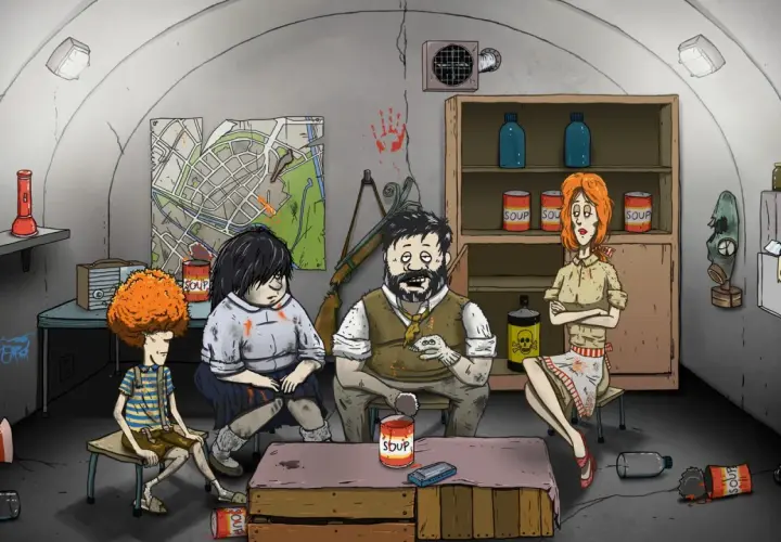 Rodzina w schronie, otoczona zapasami i mapą, przygotowuje się na trudne czasy. Klimat przypomina gry indie o przetrwaniu.