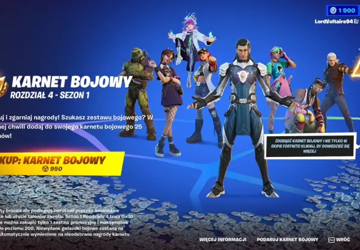 Postacie z Fortnite prezentują karnet bojowy. Kup go za 950 V-dolców i odblokuj nagrody!