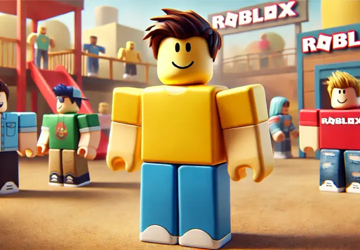 Postacie z Roblox na placu zabaw. Jeden z nich, żółty noob, stoi na pierwszym planie.