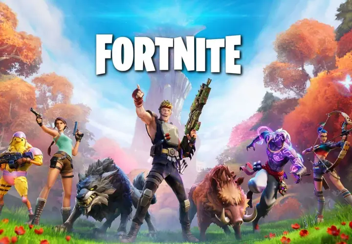Postać z gry Fortnite, która odpowiada na pytanie, ile waży Fortnite, stoi obok wilka i dzika.
