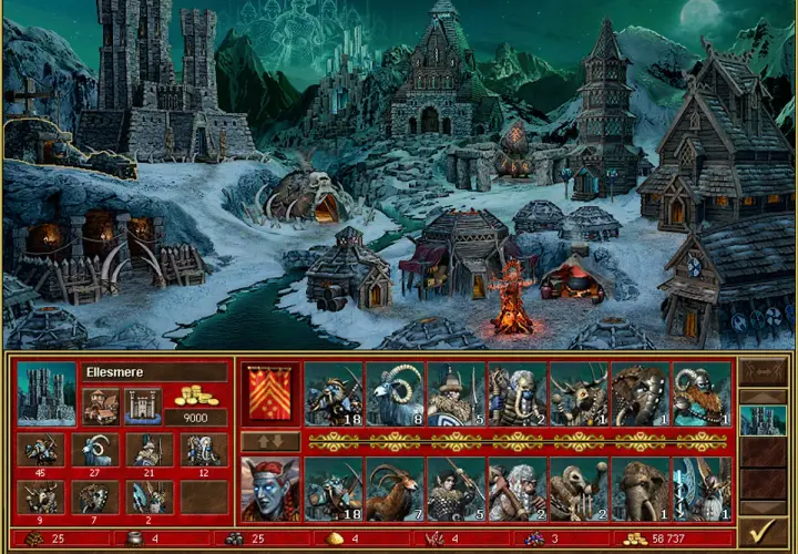 Nowy zamek Heroes 3 w zimowej scenerii. Widać budynki, wojska i zasoby.