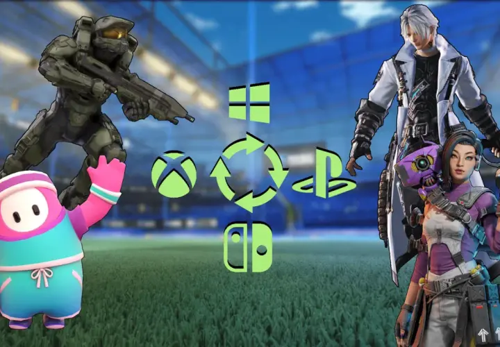 Postacie z gier, ikony konsol i symbol crossplay. Mistrz, Fall Guy, postacie z Final Fantasy i Apex Legends.