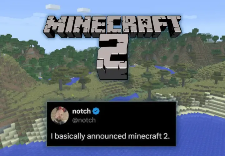 Grafika z napisem "MINECRAFT 2" i tweetem Notch'a: "I basically announced minecraft 2." na tle krajobrazu z gry.