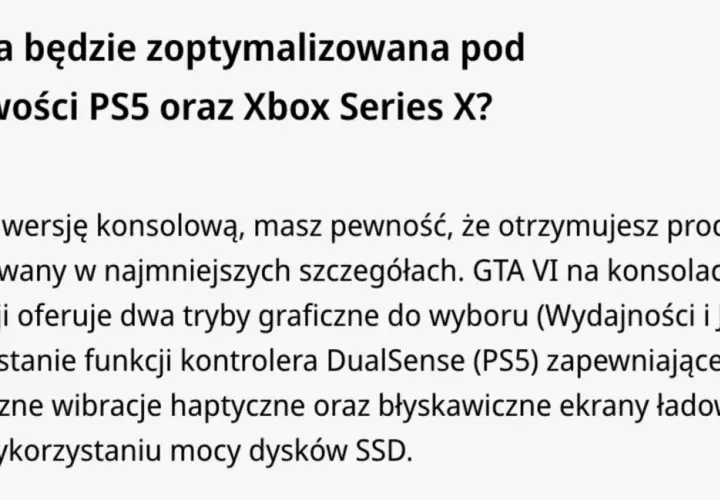 Optymalizacja GTA VI na PS5 i Xbox Series X. Premiera gry w 2026 roku zaoferuje tryby graficzne, wibracje haptyczne i szybkie ładowanie.