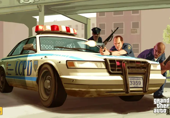 Policjanci z LCPD w akcji, gotowi do strzału. Może szukają sposobu na **GTA 4 kody**?