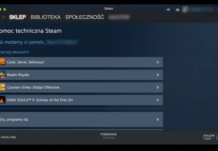 Pomoc techniczna Steam. Jeśli chcesz wiedzieć, jak zwrócić grę na Steam, sprawdź listę ostatnich produktów.