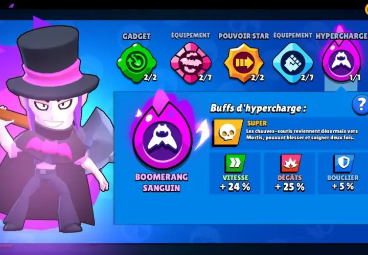 Mortis w grze Brawl Stars, z jego charakterystycznym cylindrem i kosą. Posiada ulepszenia i superzdolność "Krwawy Bumerang".