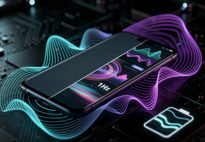 Nowy smartfon z ekranem 120Hz, otoczony falami energii. Wskaźnik baterii pokazuje szybkie ładowanie.