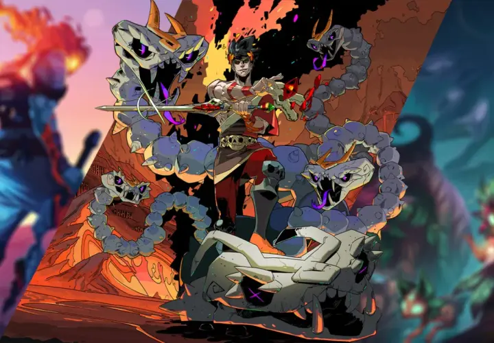 Zagreusz z Hadesa walczy z kamiennymi wężami, obok postaci z Dead Cells i League of Legends. To kolaż z gier typu roguelike.