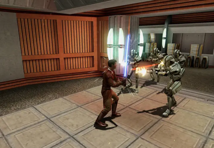 Młody Jedi walczy z droidami w grze Star Wars. Błękitny miecz świetlny błyska, gdy bohater odpiera ataki.