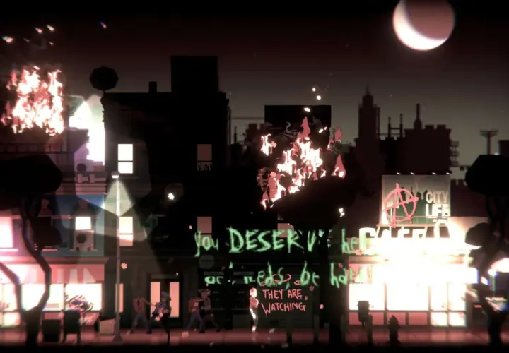 Nocne miasto w ogniu, z napisem "You deserve hell" jako headliner. W tle księżyc i znak "City Life".