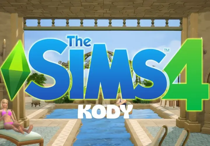 The Sims 4 z napisami "Kody". W tle basen i wypoczywające Simki.