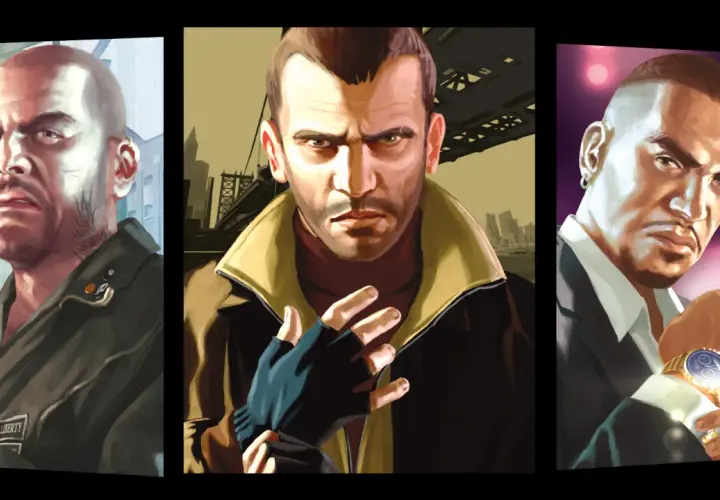 Trzech bohaterów z gry GTA 4, Niko, Roman i Johnny, w stylu GTA 4 remaster.