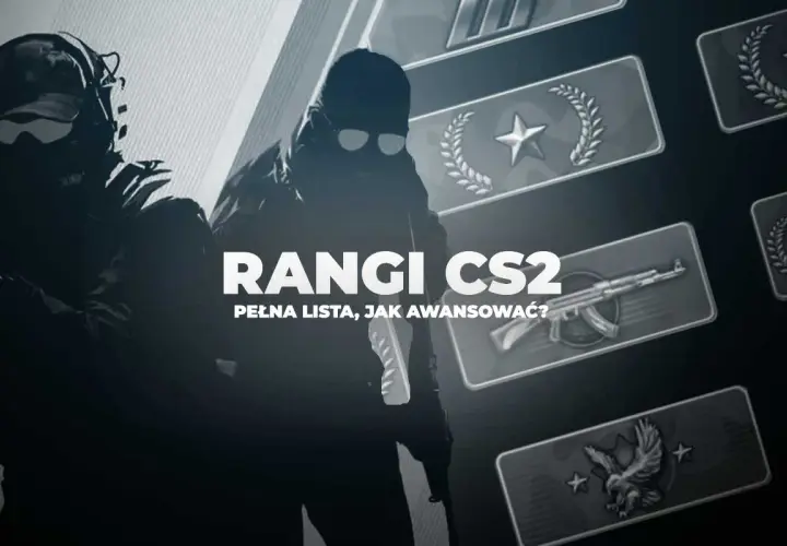 Rangi CS2: pełna lista i porady, jak awansować. Widoczni gracze w taktycznych pozach, w tle ikony rang z bronią.