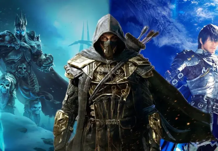 Trzech bohaterów z gier mmorpg: mroczny władca z lodowym mieczem, tajemniczy łucznik w kapturze i rycerz w lśniącej zbroi.