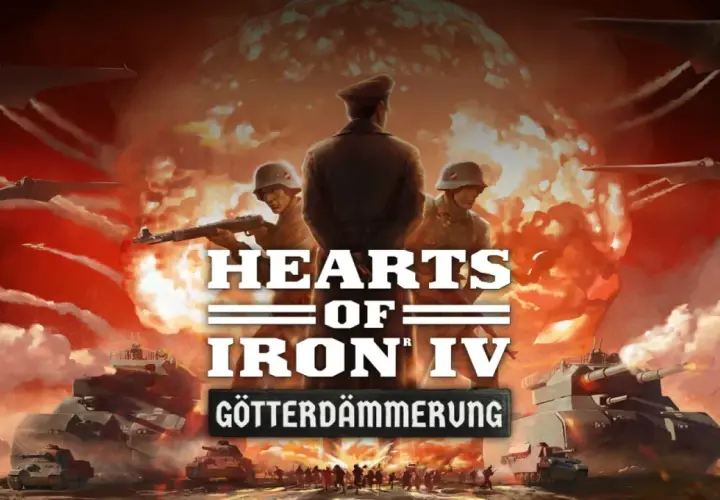 Żołnierze i czołgi w tle wybuchu atomowego, nad nimi latają futurystyczne samoloty. Tytuł gry: Hearts of Iron IV.