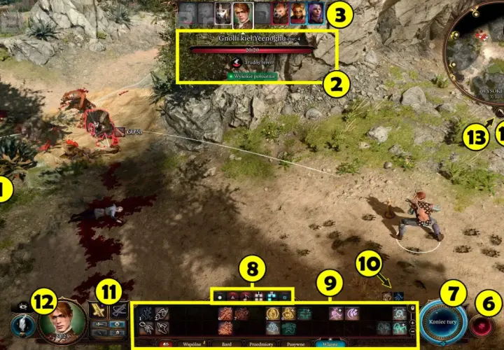 Bitwa w Baldur's Gate: drużyna walczy z gnollami, widać interfejs gry, mapę i menu akcji.