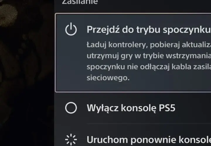 Menu zasilania PS5: opcja "Wyłącz konsolę PS5" jest widoczna, co pozwala na zakończenie gry.