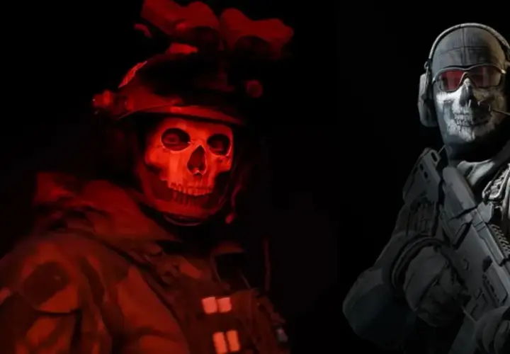 Dwóch żołnierzy z maskami czaszek, jeden w czerwonym świetle, drugi z karabinem. Ikoniczni bohaterowie z gry Call of Duty.