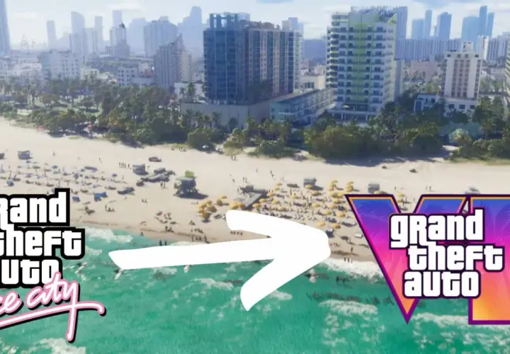 Plaża w Vice City, z tłumem ludzi i budynkami w tle, przechodzi w logo Grand Theft Auto VI.