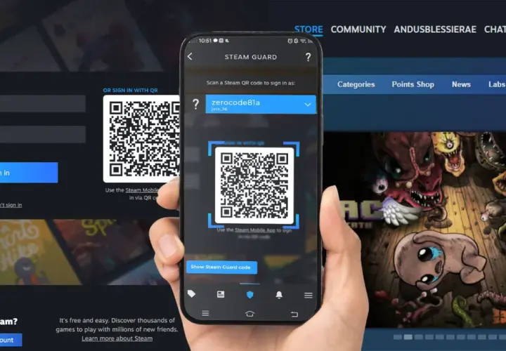 Dłoń trzyma smartfon z kodem QR Steam Guard obok okna logowania Steam.