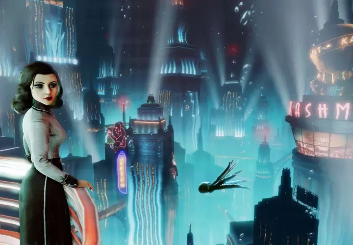 Elizabeth wpatruje się w neonowe miasto, które mogłoby być tłem dla **Bioshock 4**. W oddali widać latającą ośmiornicę.