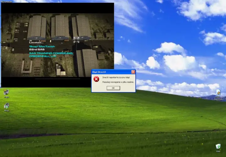 Błąd DirectX w grze Call of Duty 4. Gra wyświetla komunikat o krytycznym błędzie DirectX, uniemożliwiając dalszą rozgrywkę.