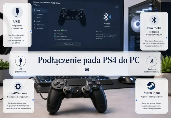 Podłączanie pada PS4 do PC przez USB lub Bluetooth. DS4Windows pozwala na pełną konfigurację i mapowanie przycisków.